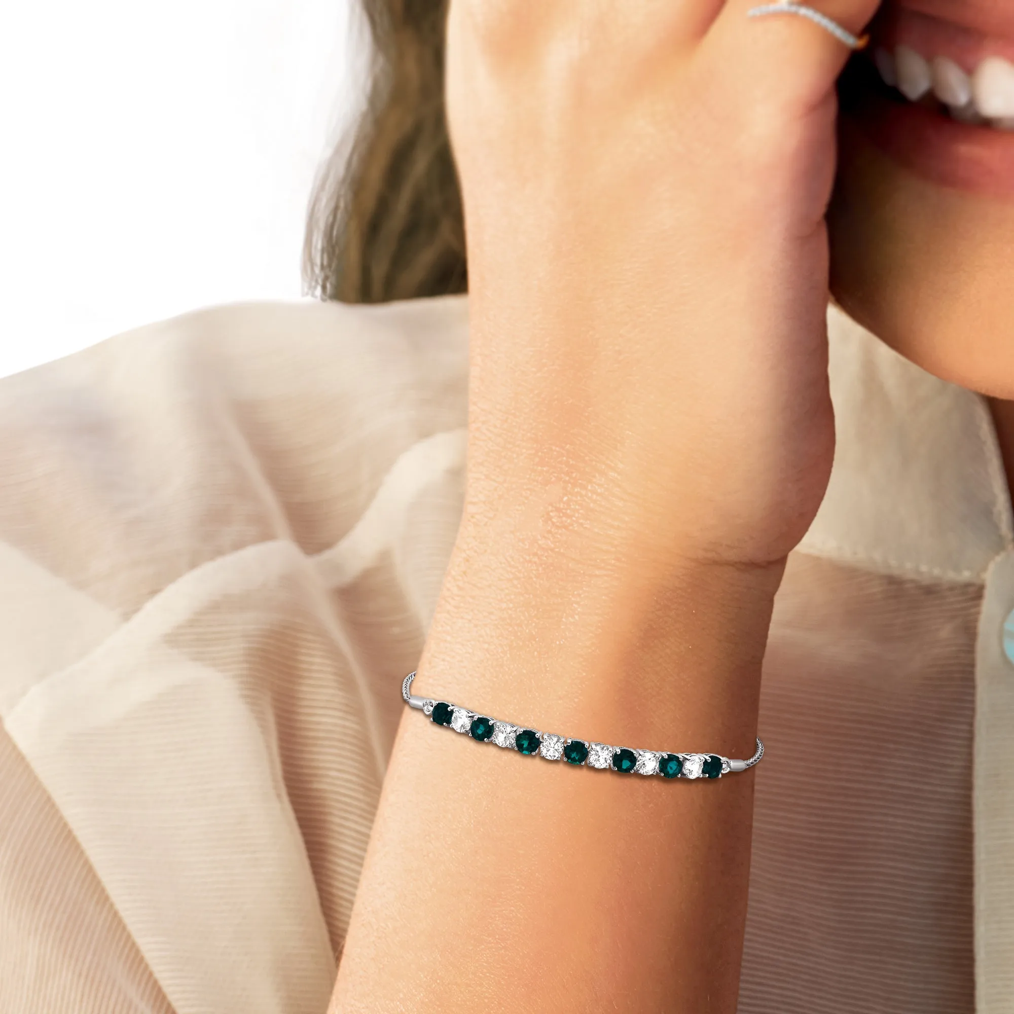 Jewelili Sterling Silver With Created Emerald and Created White Sapphire Bolo Bracelet