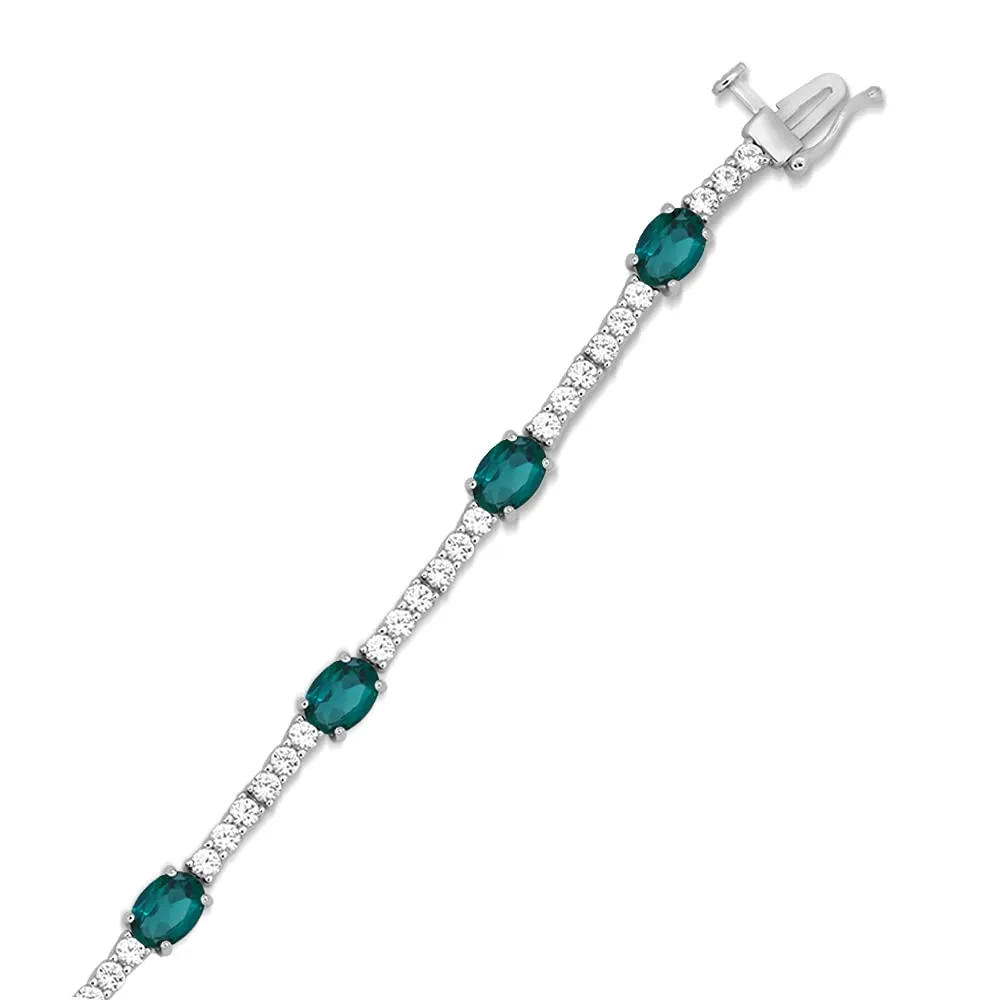 Jewelili Sterling Silver With Created Emerald and Created White Sapphire Bracelet, 7.5"
