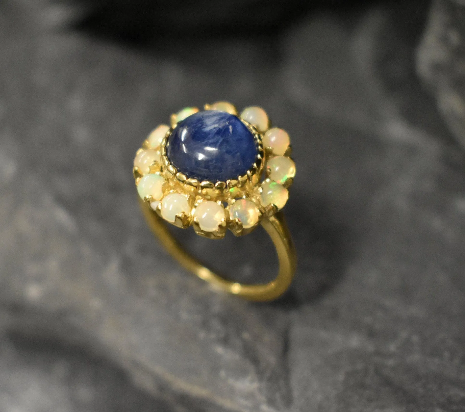 Kyanite Gold Ring - Flower Ring, Natural Kyanite Ring, Flower Vintage Ring