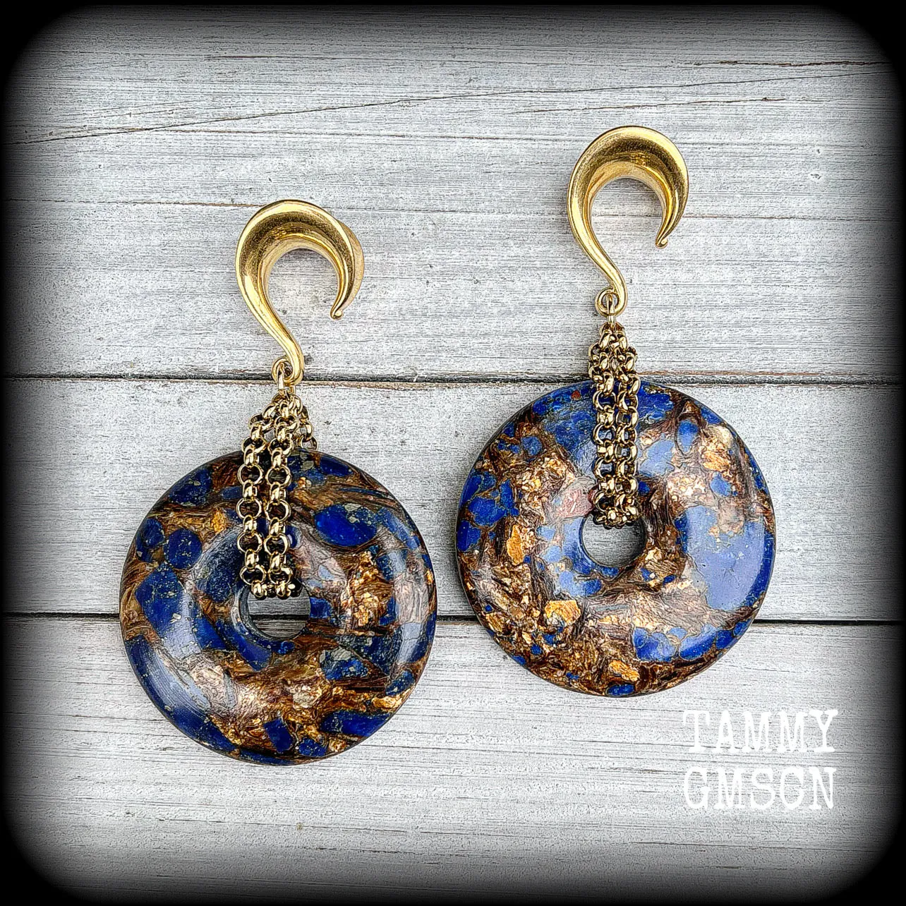 Lapis lazuli and bronzite gauged earrings-Ear hangers