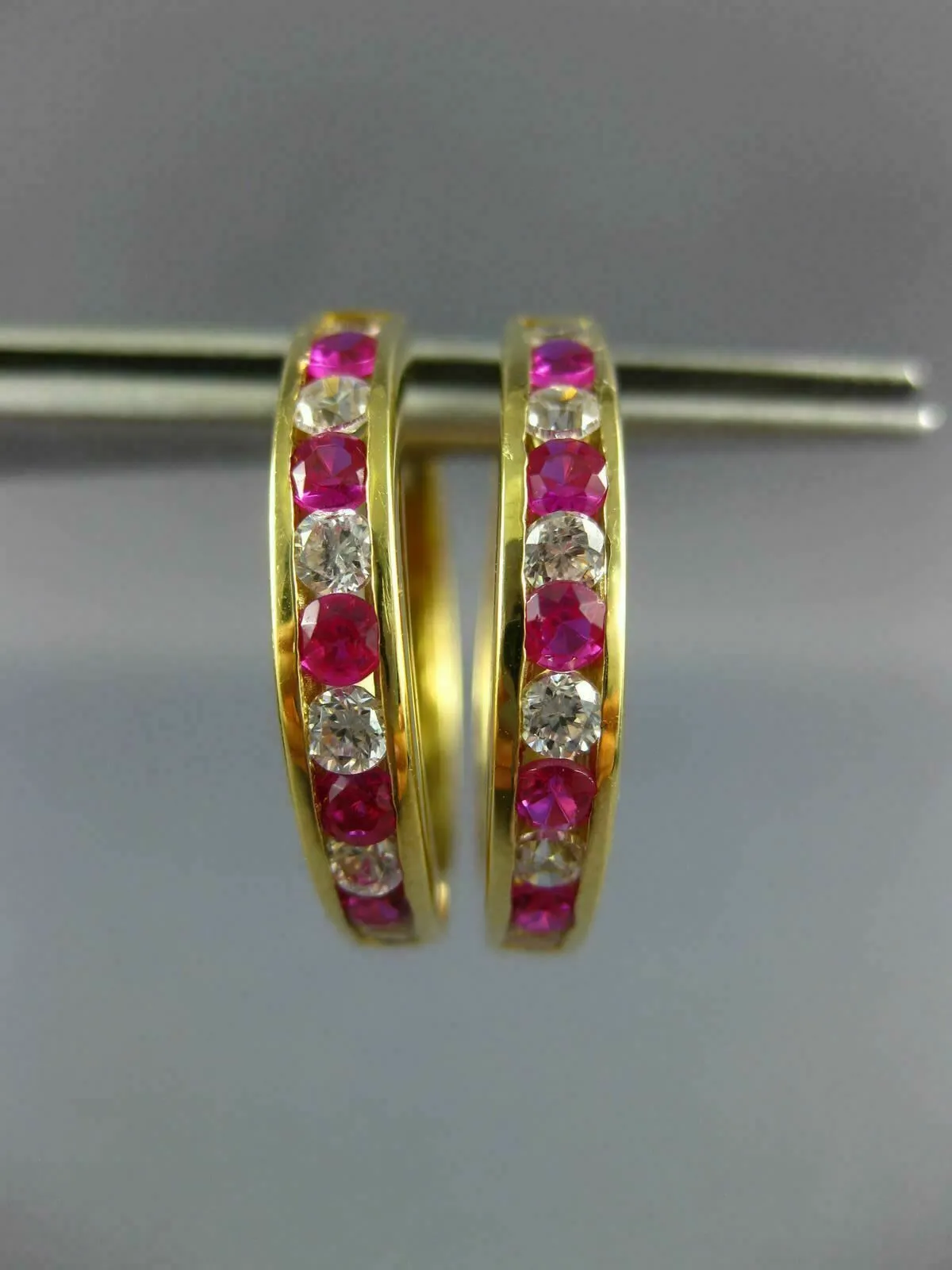 LARGE 2.0CT AAA RUBY & WHITE SAPPHIRE 18KT YELLOW GOLD 3D HUGGIE EARRINGS #22744