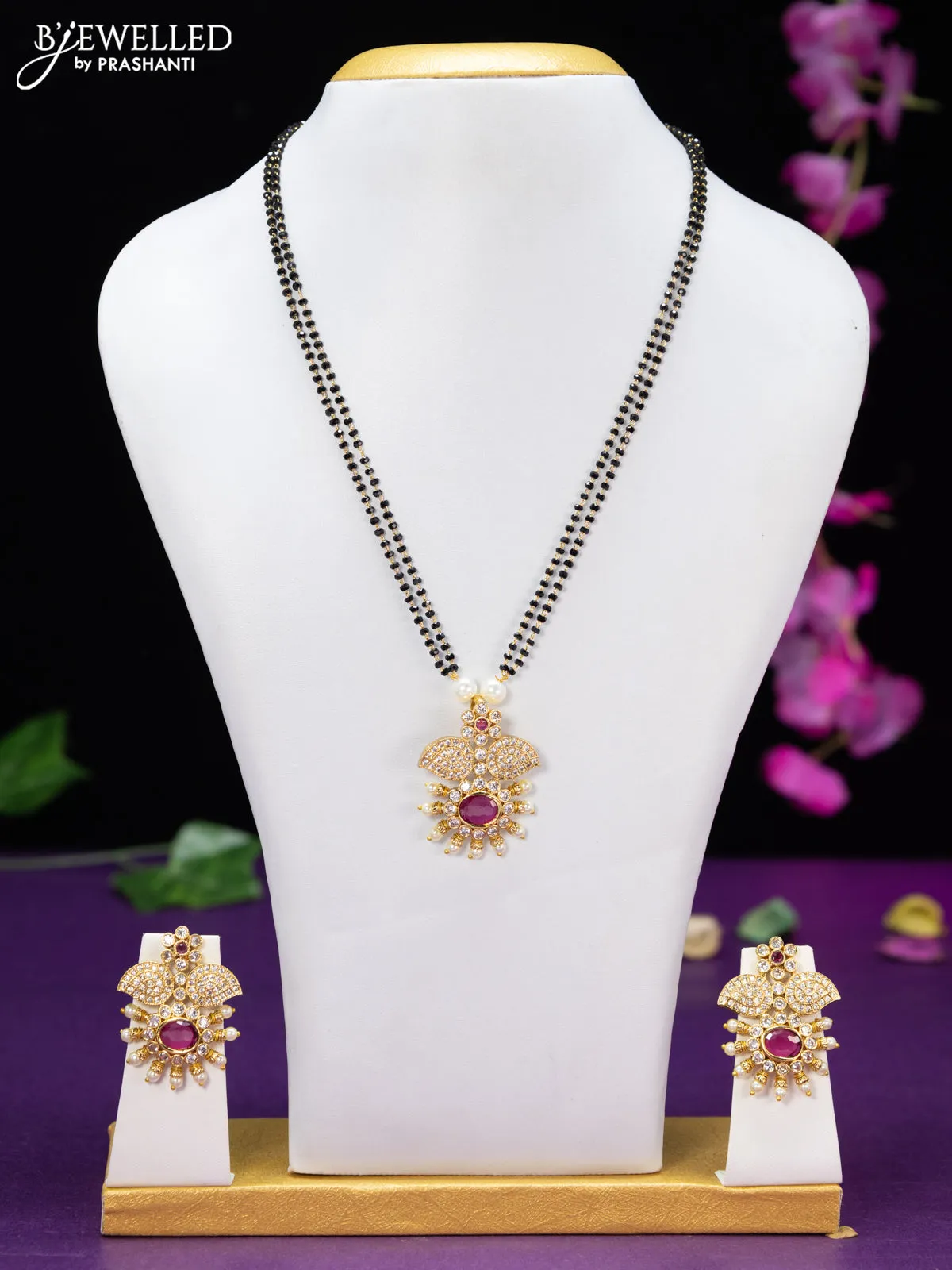 Mangalsutra double layer with ruby & cz stones and pearls