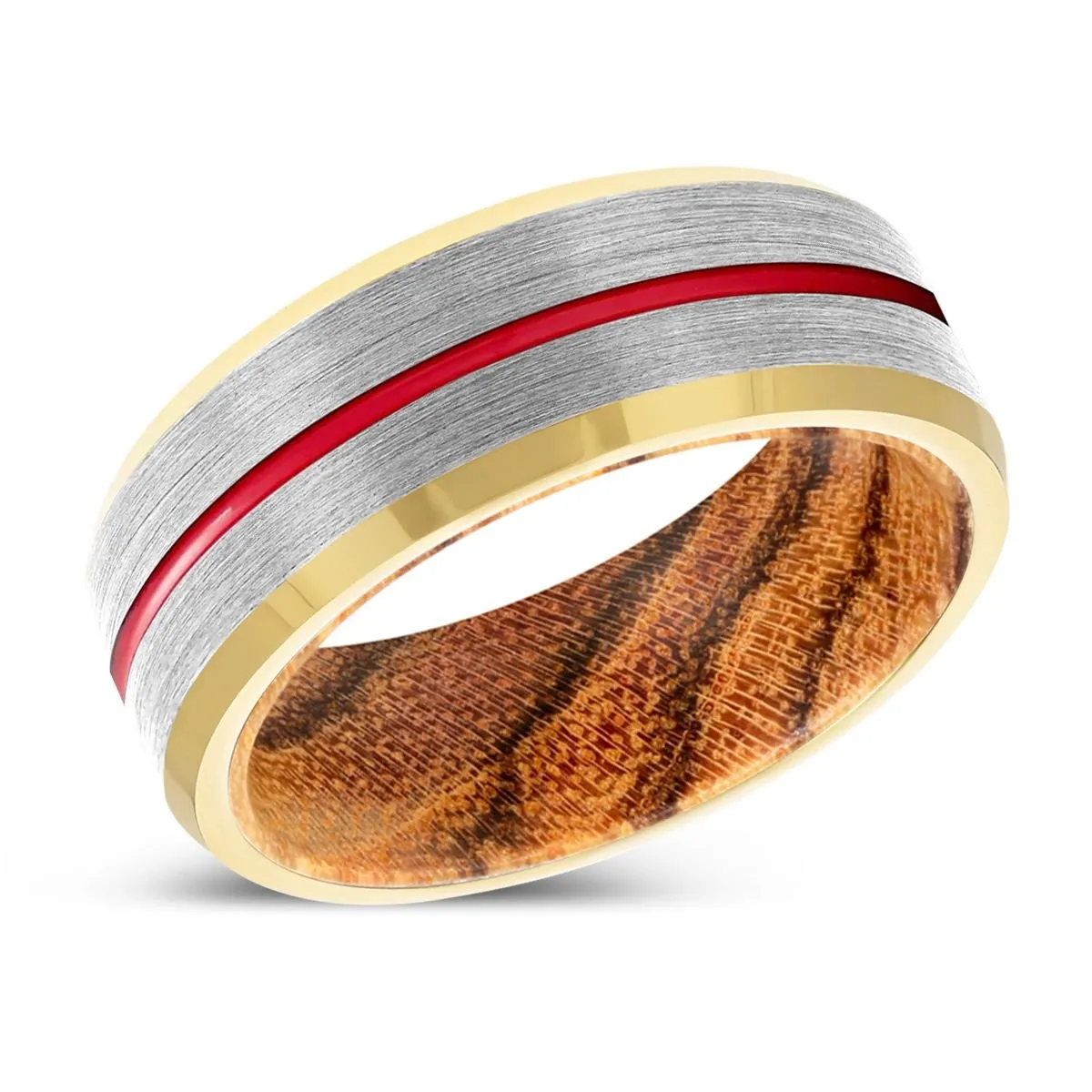 MAYHEM | Bocote Wood, Silver Tungsten Ring, Red Groove, Gold Beveled Edge