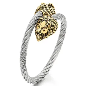 Mens Adjustable Stainless Steel Cuff Bangle Bracelet with Vintage Gold Color Lion Head