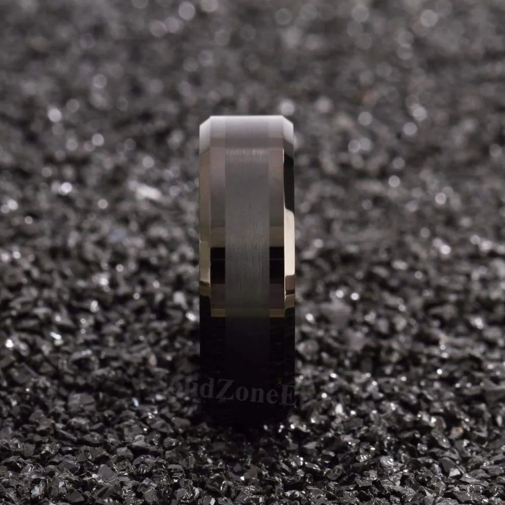 Men's Beveled Black Tungsten Wedding Band Brushed Center  - 8mm
