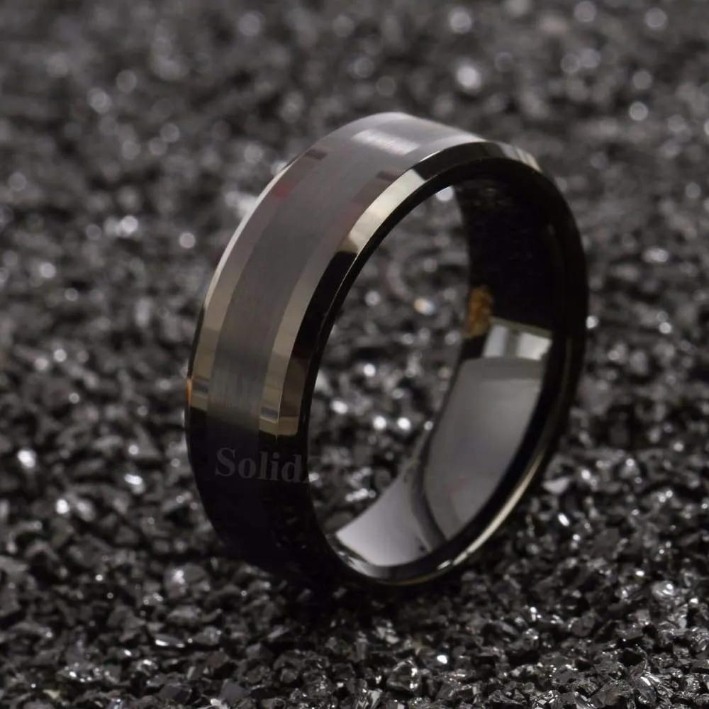 Men's Beveled Black Tungsten Wedding Band Brushed Center  - 8mm