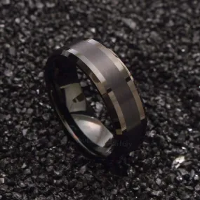 Men's Beveled Black Tungsten Wedding Band Brushed Center  - 8mm