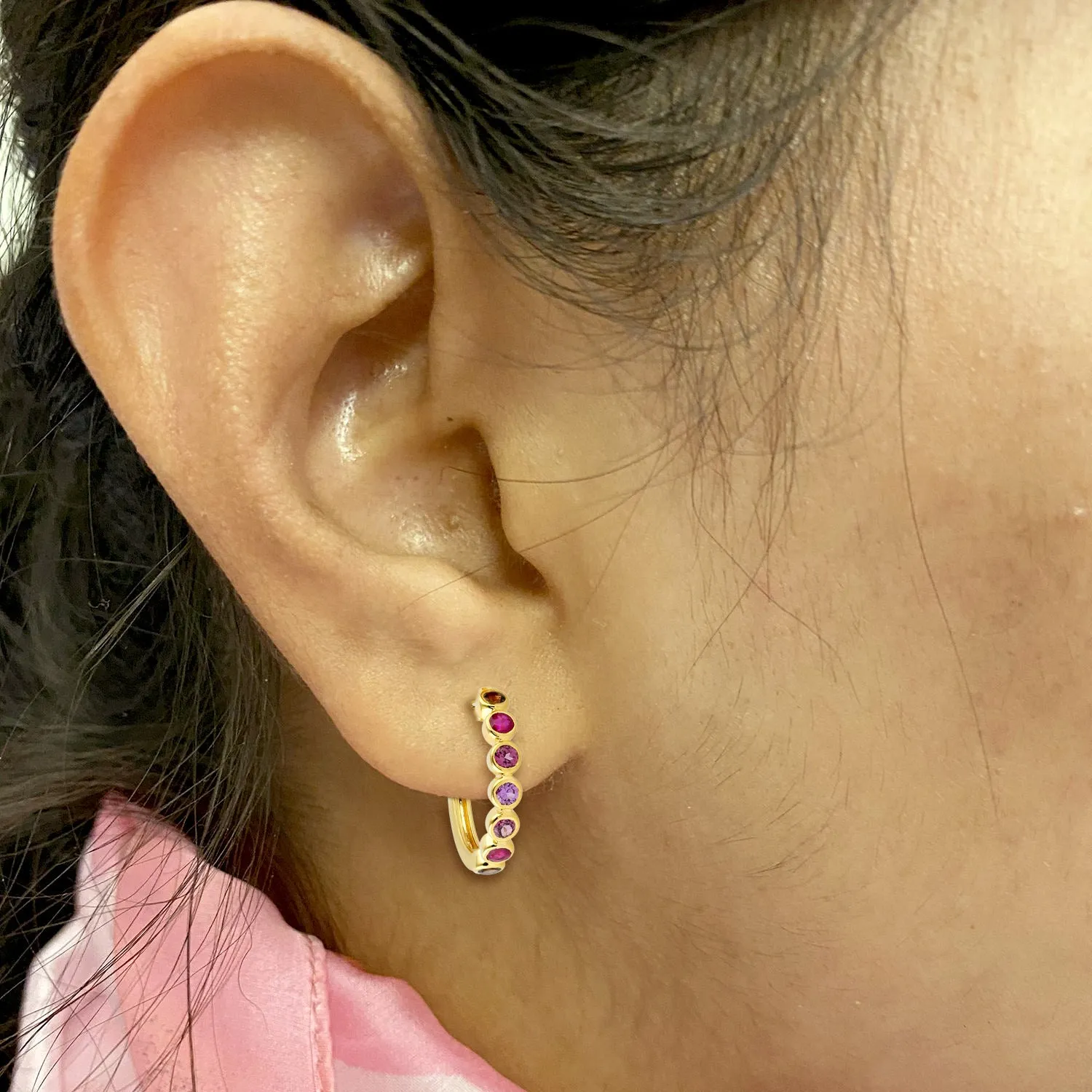 Natural Ruby Huggie Earrings 18k Yellow Gold Rhodolite Garnet Jewelry