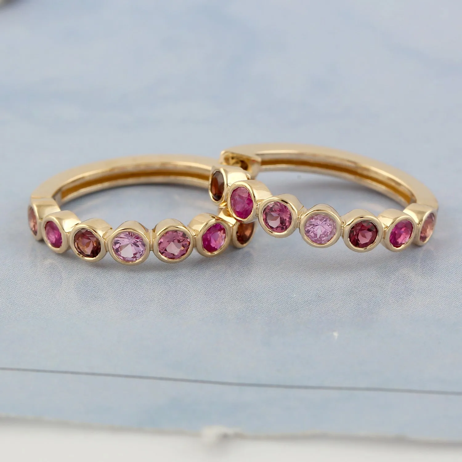Natural Ruby Huggie Earrings 18k Yellow Gold Rhodolite Garnet Jewelry