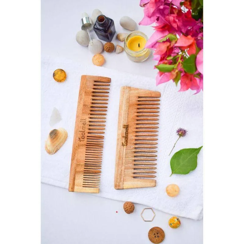 Neem wood Comb Pack of 2 | 1 Detangle comb & 1 Dual Tooth