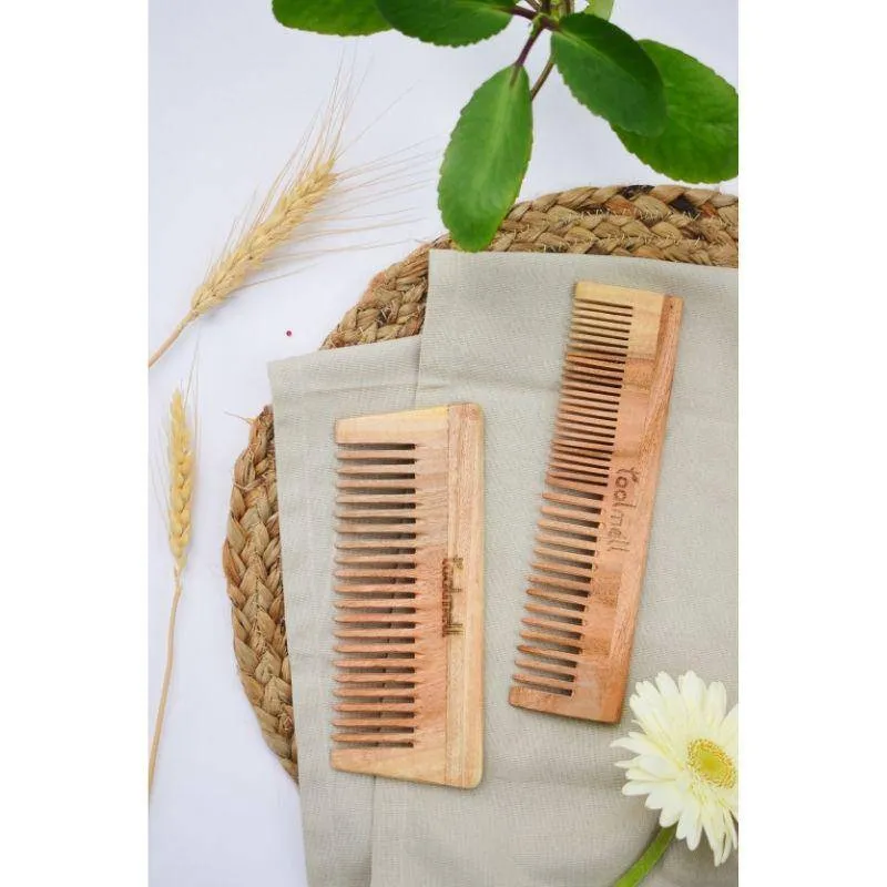 Neem wood Comb Pack of 2 | 1 Detangle comb & 1 Dual Tooth