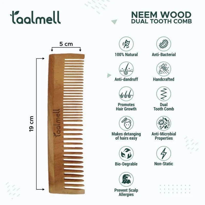 Neem wood Comb Pack of 2 | 1 Detangle comb & 1 Dual Tooth