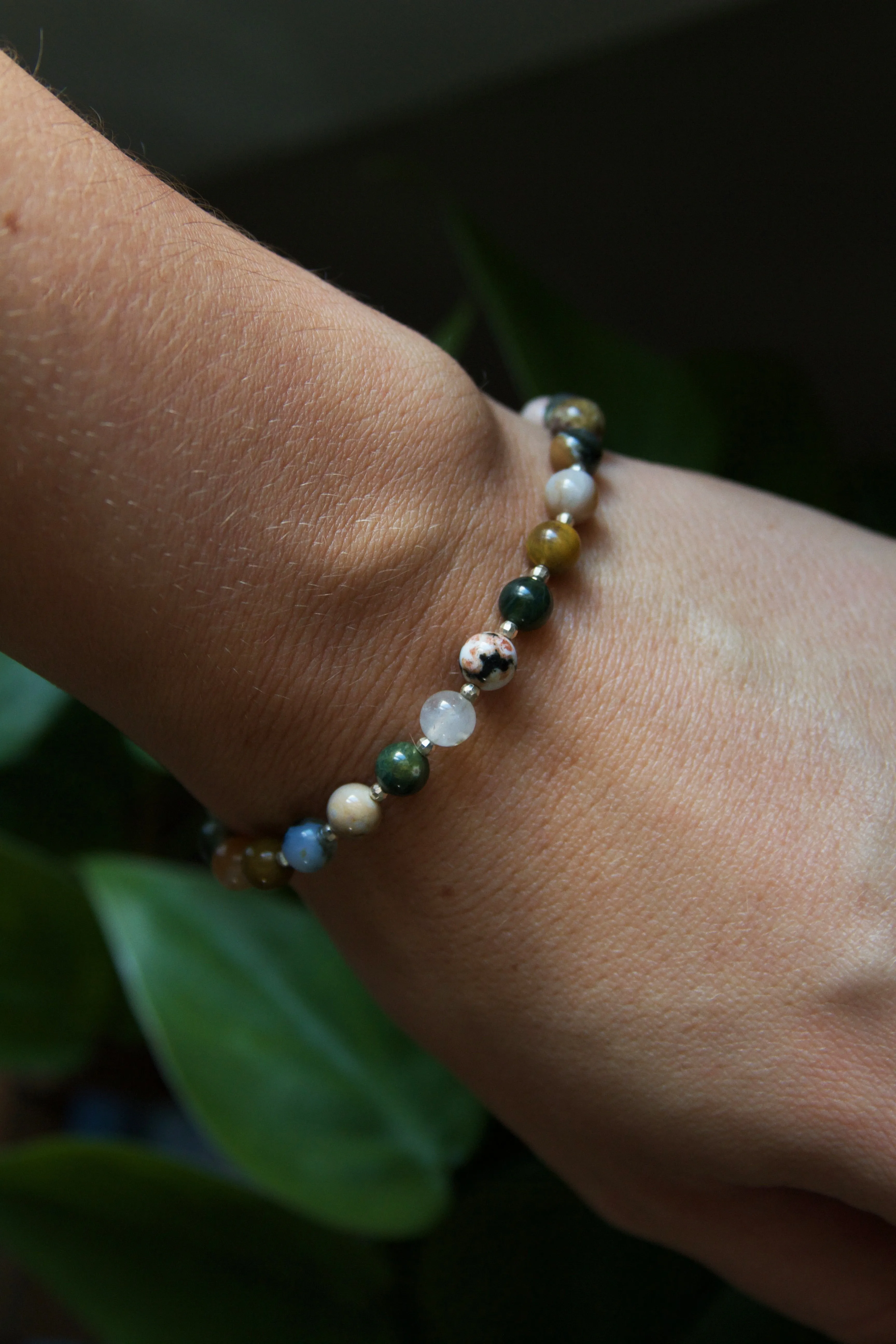 Ocean Jasper and Sterling Silver Beaded Stretch Bracelet