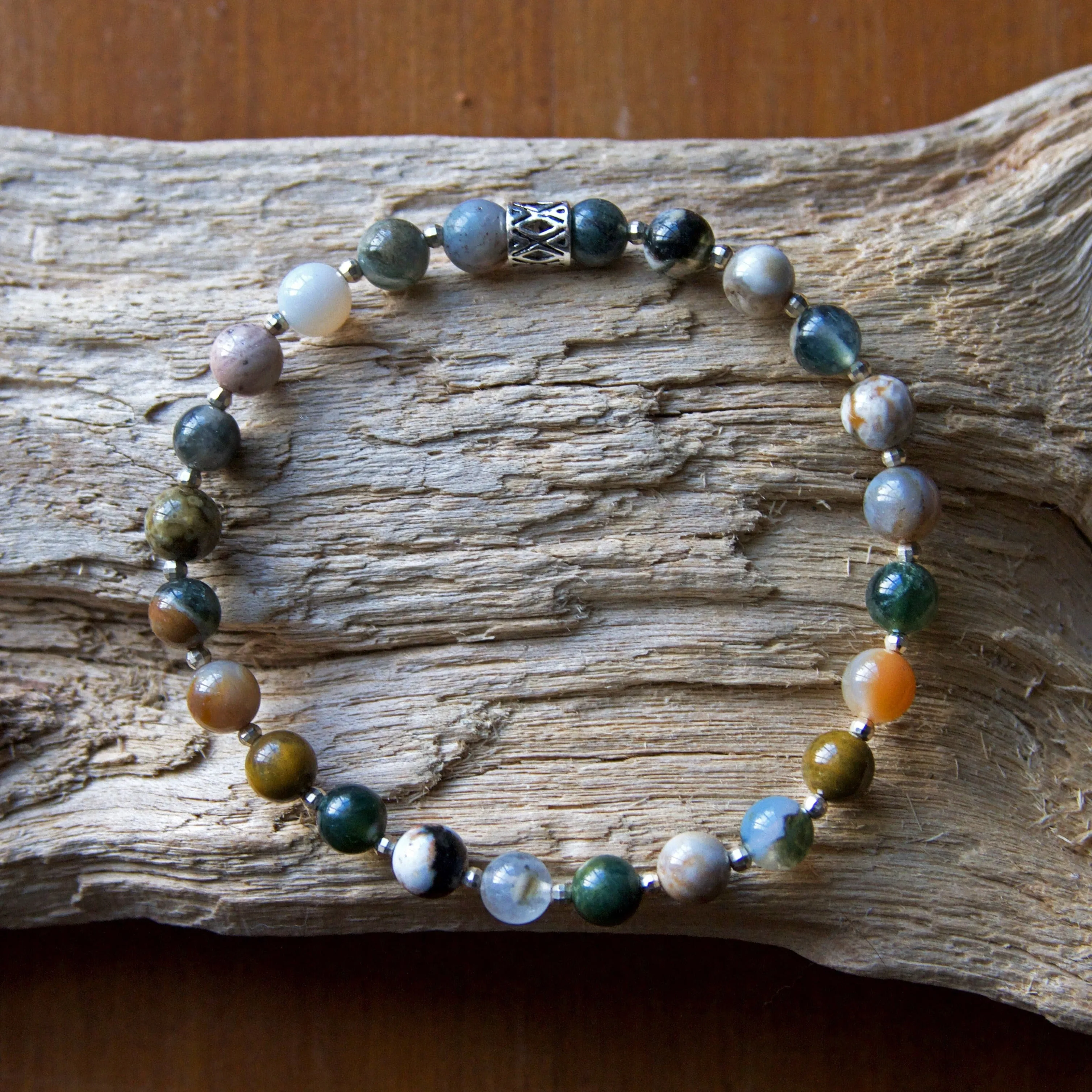 Ocean Jasper and Sterling Silver Beaded Stretch Bracelet