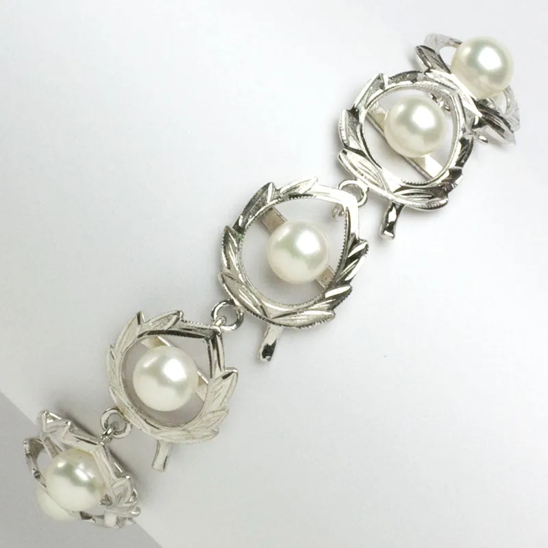 Pearl & Sterling Leaf Link 1950s Bracelet