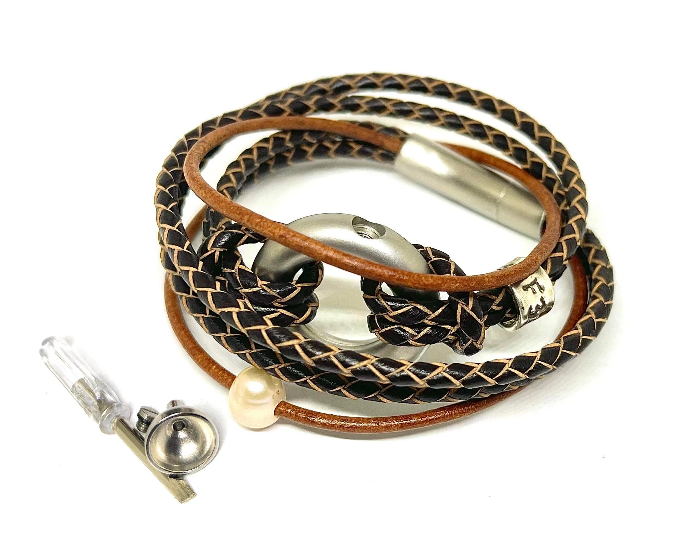 Pearl Double Wrap, Multi Leather Memorial Urn Bracelet