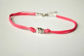 Pink cord bracelet with a silver skull bead charm, gift for her