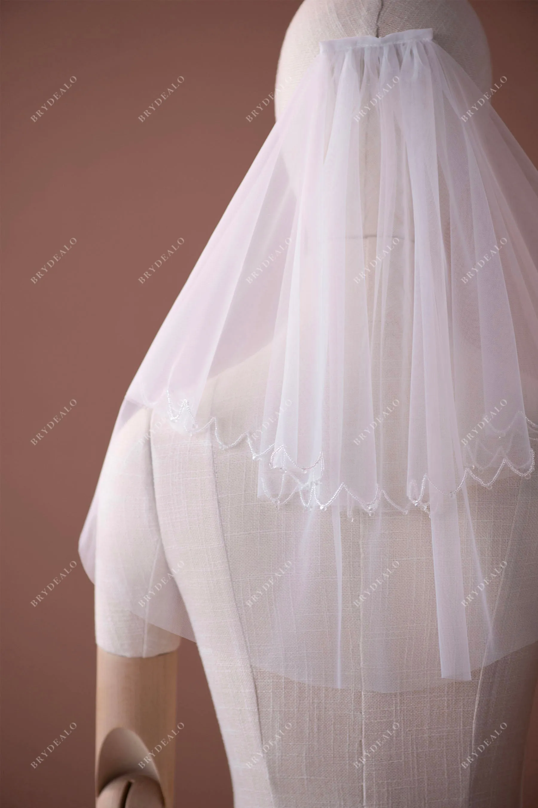 Pretty Hand-Sewn Beaded Shoulder Length Wedding Veil