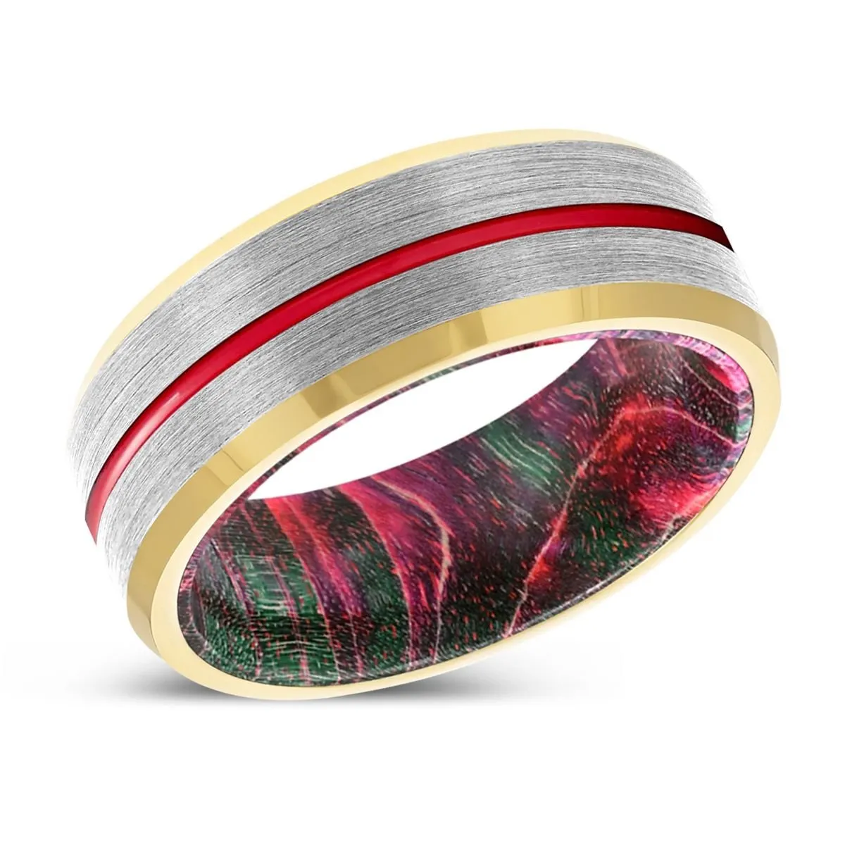 RAZE | Green and Red Wood, Silver Tungsten Ring, Red Groove, Gold Beveled Edge