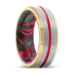 RAZE | Green and Red Wood, Silver Tungsten Ring, Red Groove, Gold Beveled Edge