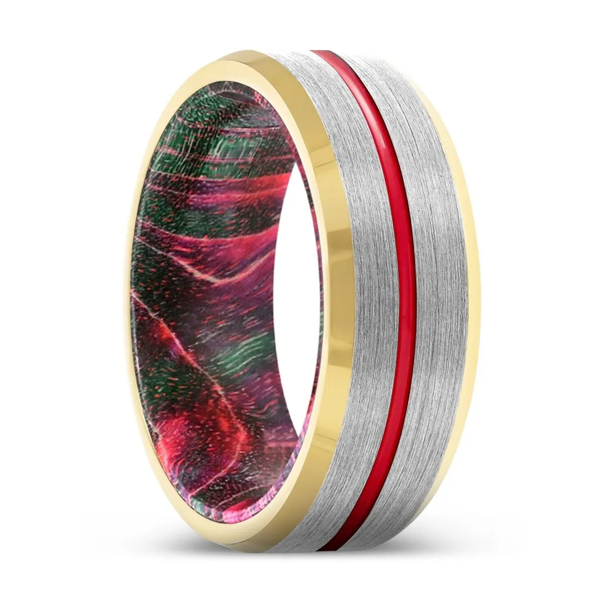 RAZE | Green and Red Wood, Silver Tungsten Ring, Red Groove, Gold Beveled Edge