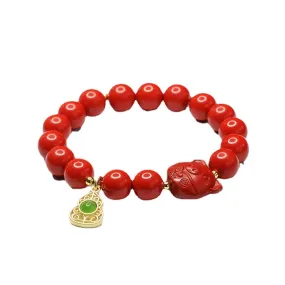 Red Cinnabar and Jade Gourd Zodiac Pig Bracelet