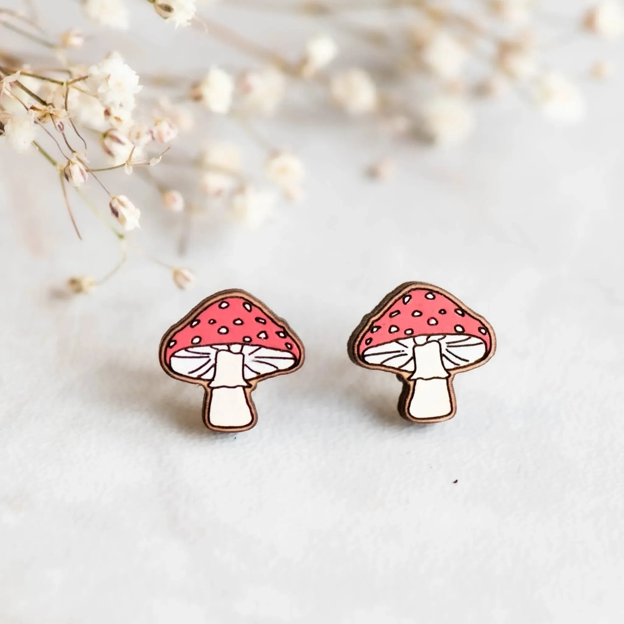 Robin Valley - Toadstool Cherry Wood Stud Earrings