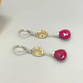 Ruby and Citrine earrings dangle, Sterling Silver
