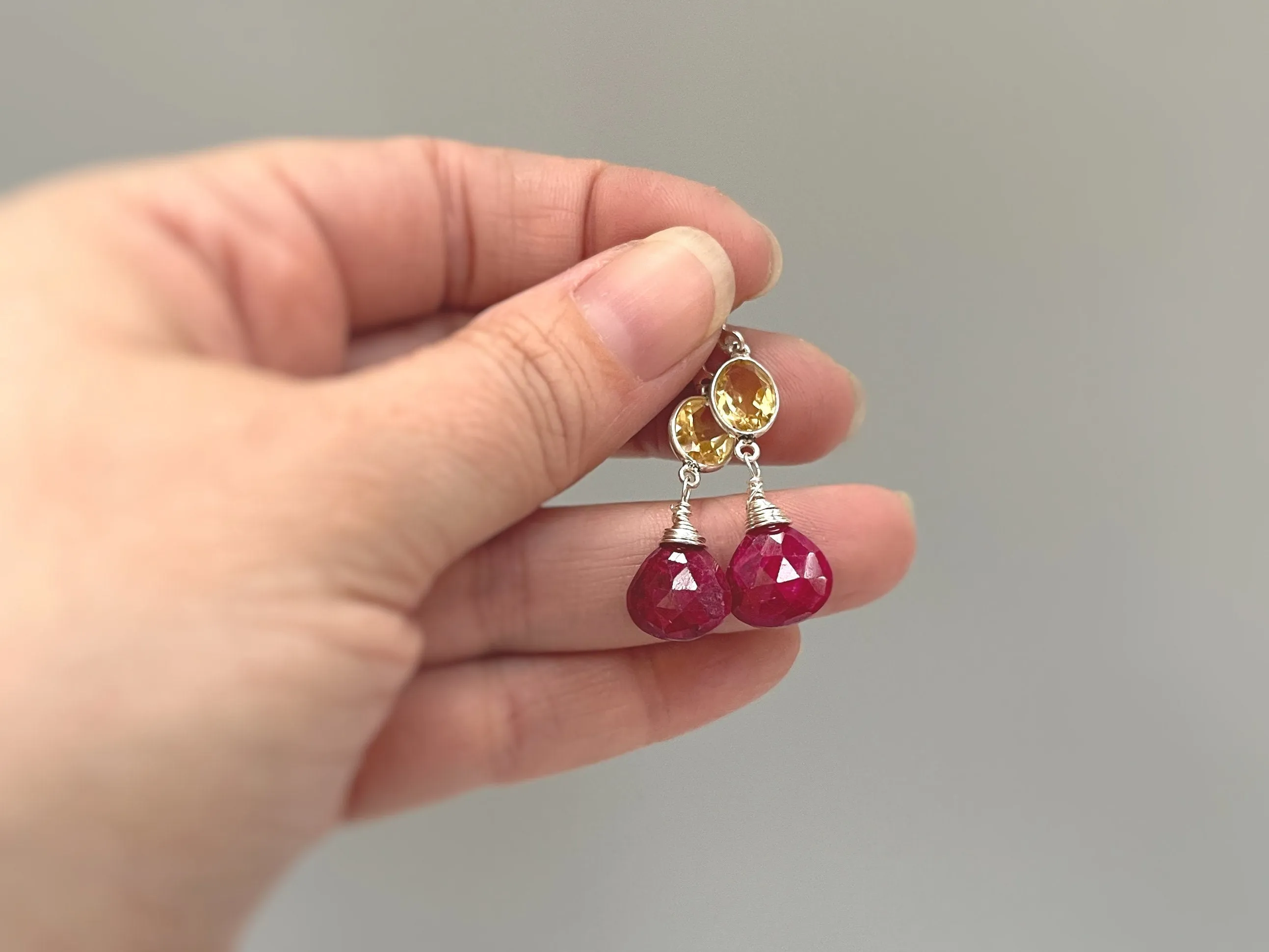 Ruby and Citrine earrings dangle, Sterling Silver