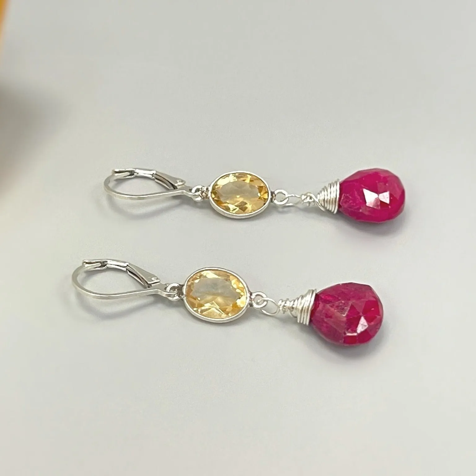 Ruby and Citrine earrings dangle, Sterling Silver