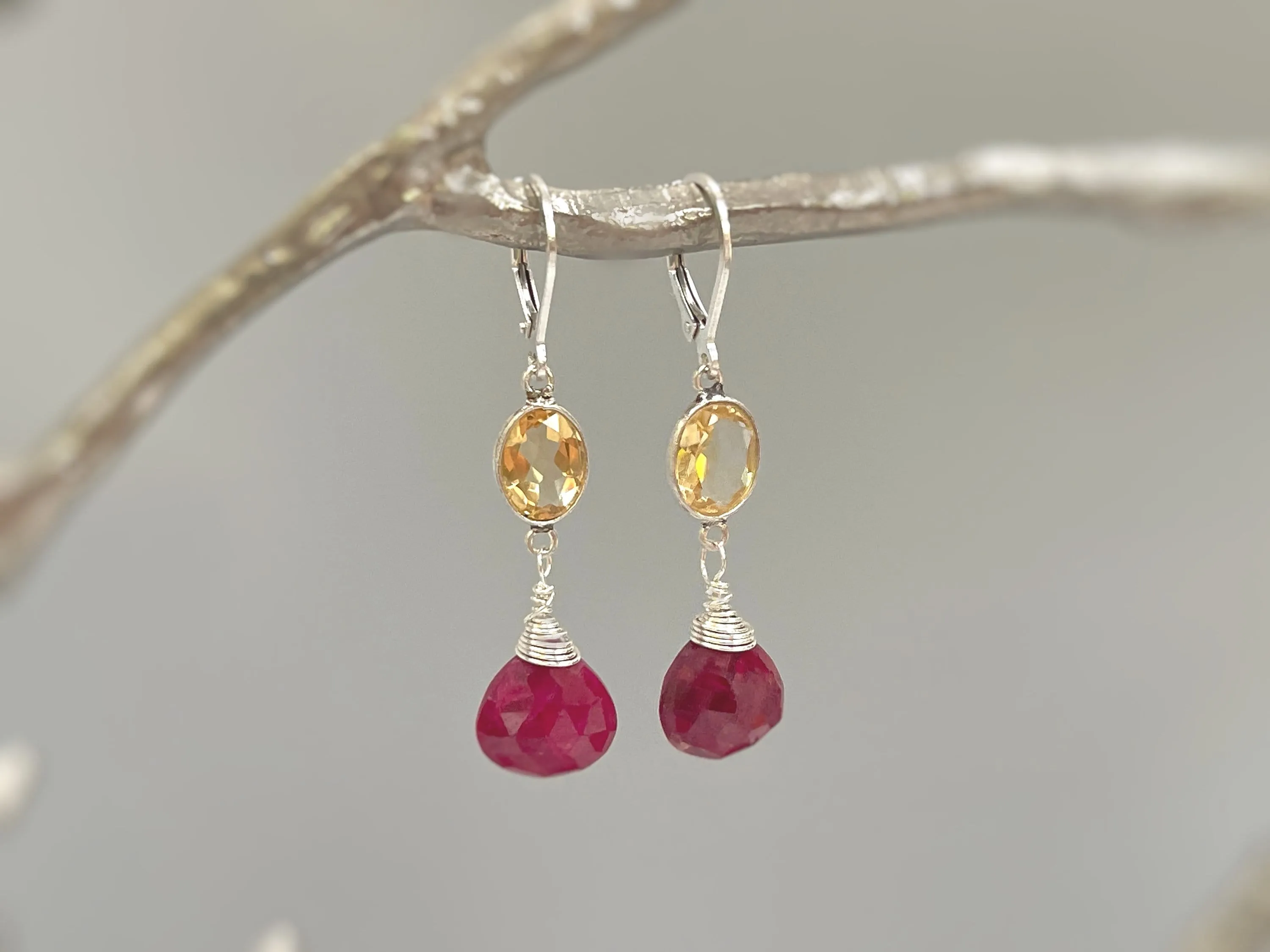 Ruby and Citrine earrings dangle, Sterling Silver