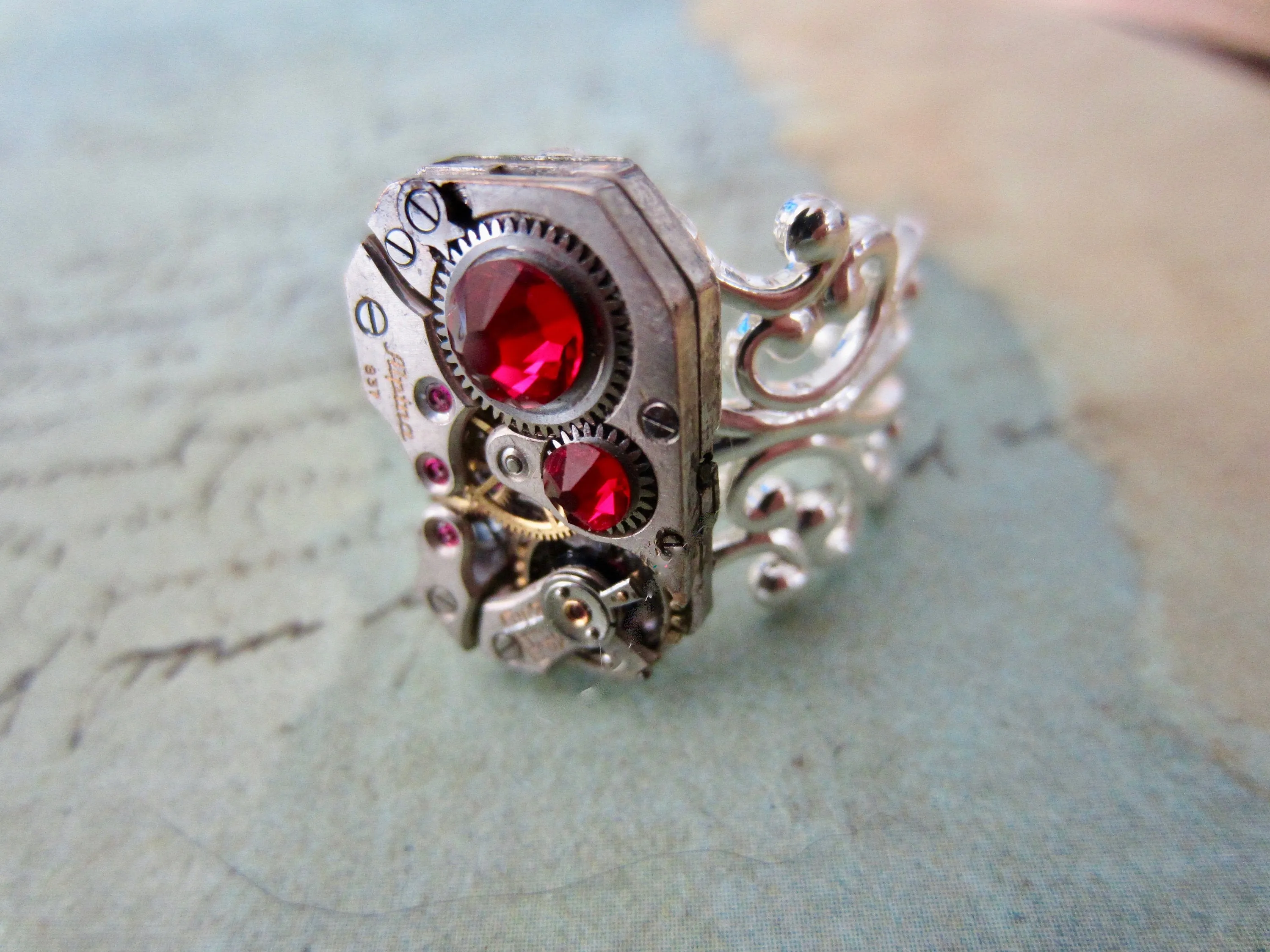 Ruby Watch movement Victorian style silver adjustible ring - Steampunk - Swarovski crystals in Ruby | July