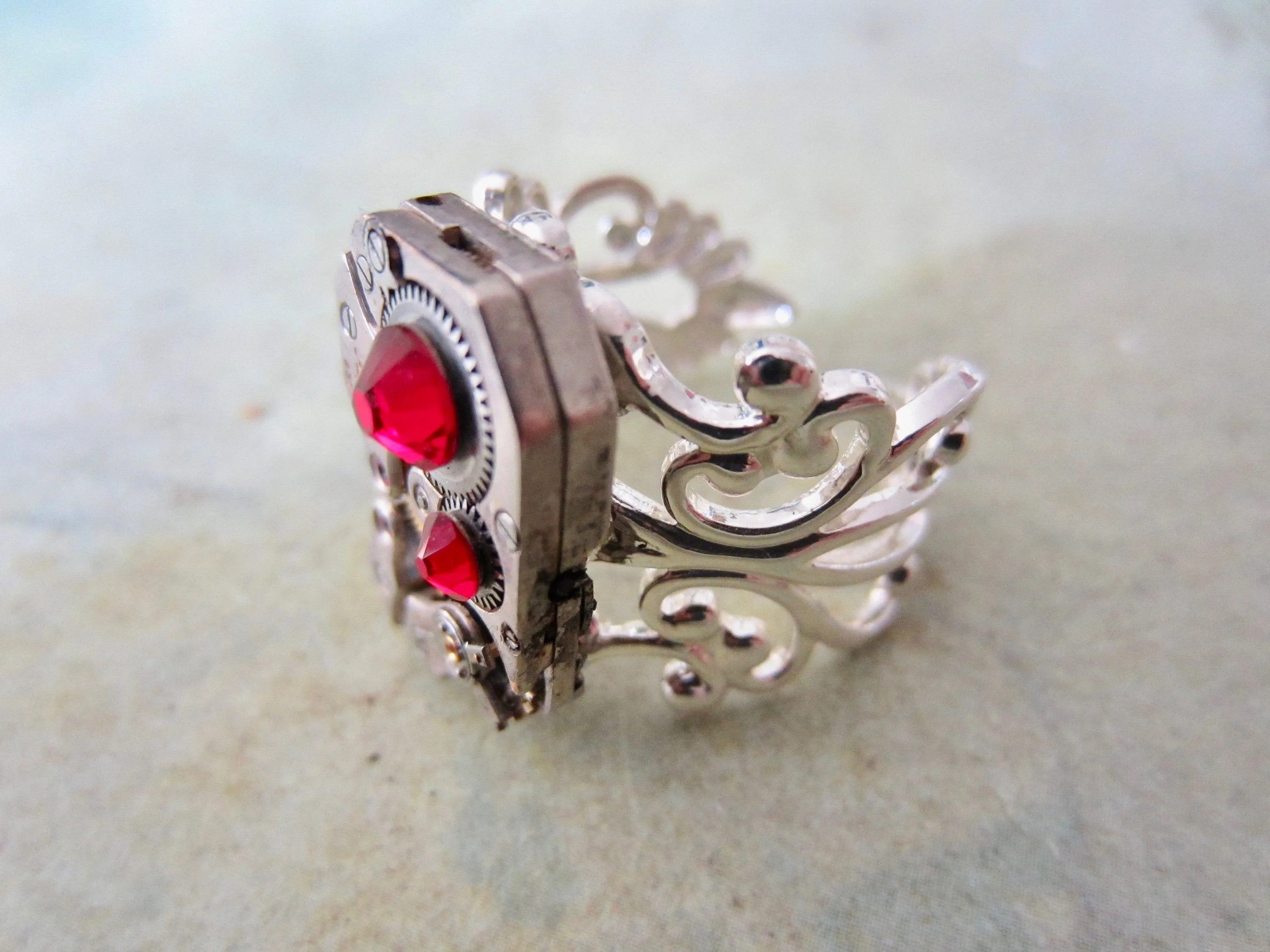 Ruby Watch movement Victorian style silver adjustible ring - Steampunk - Swarovski crystals in Ruby | July