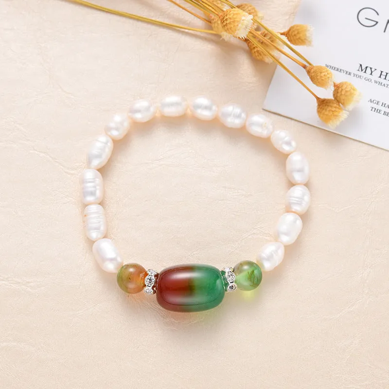 Simple Freshwater Pearl & Chalcedony Agate Stone Rice Bead Bracelet