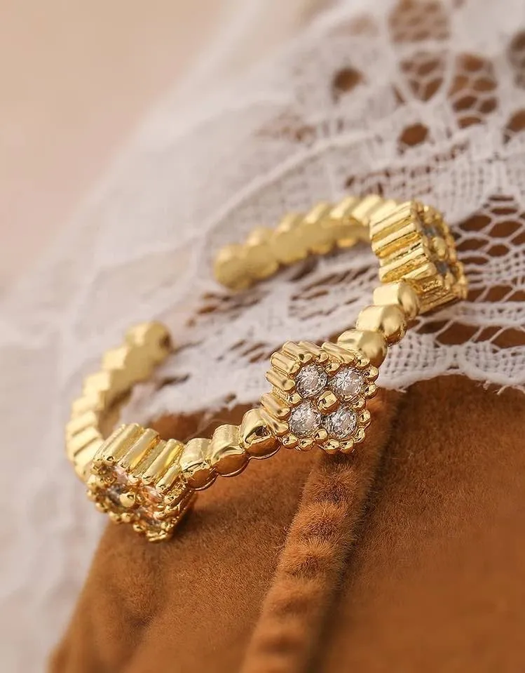 Small Flower Yellow Gold Adjustable Ring