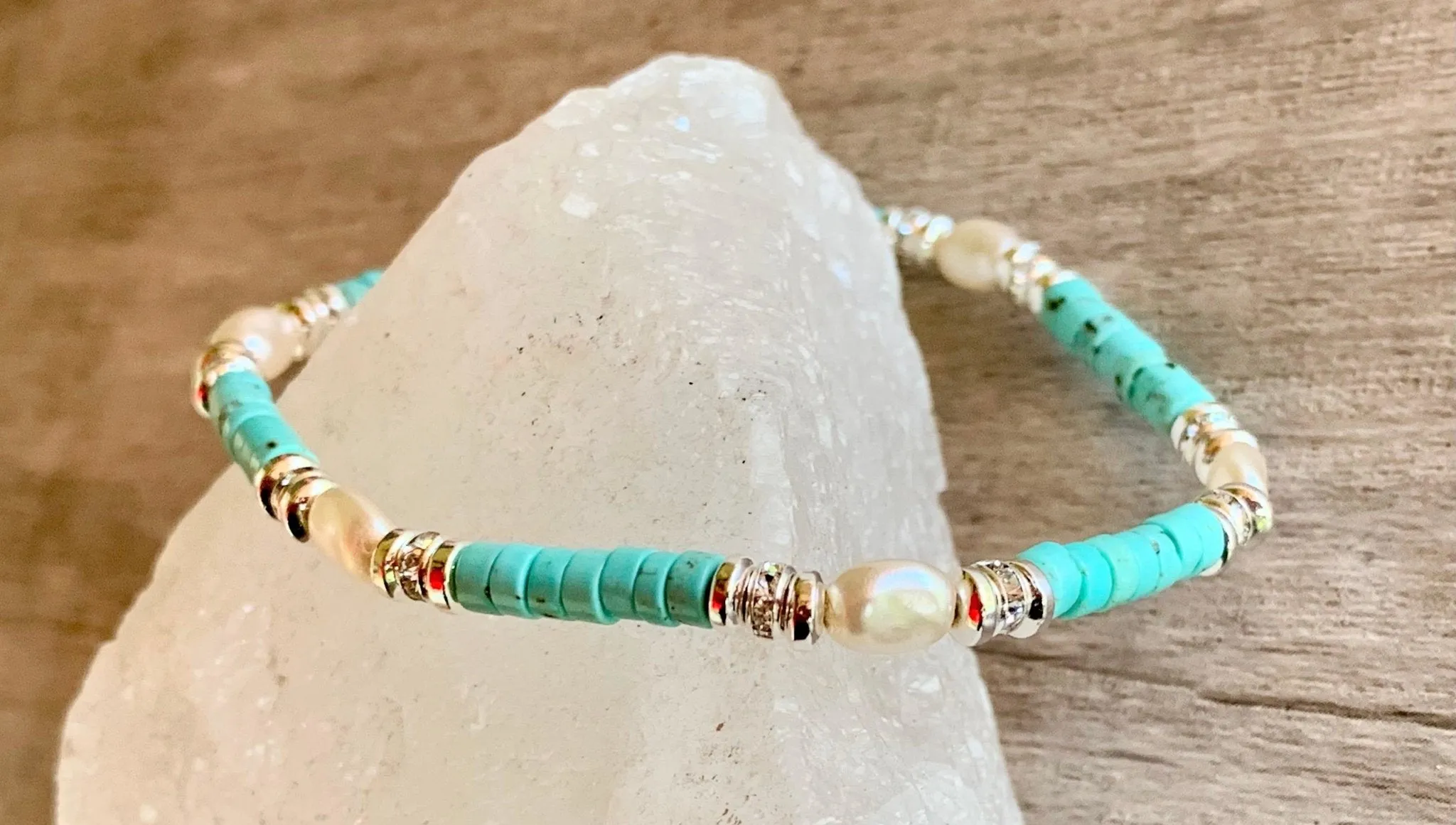 🔴SOLD🔴 Roxanne Handmade Turquoise and Pearl Expandable Bracelet/ Anklet