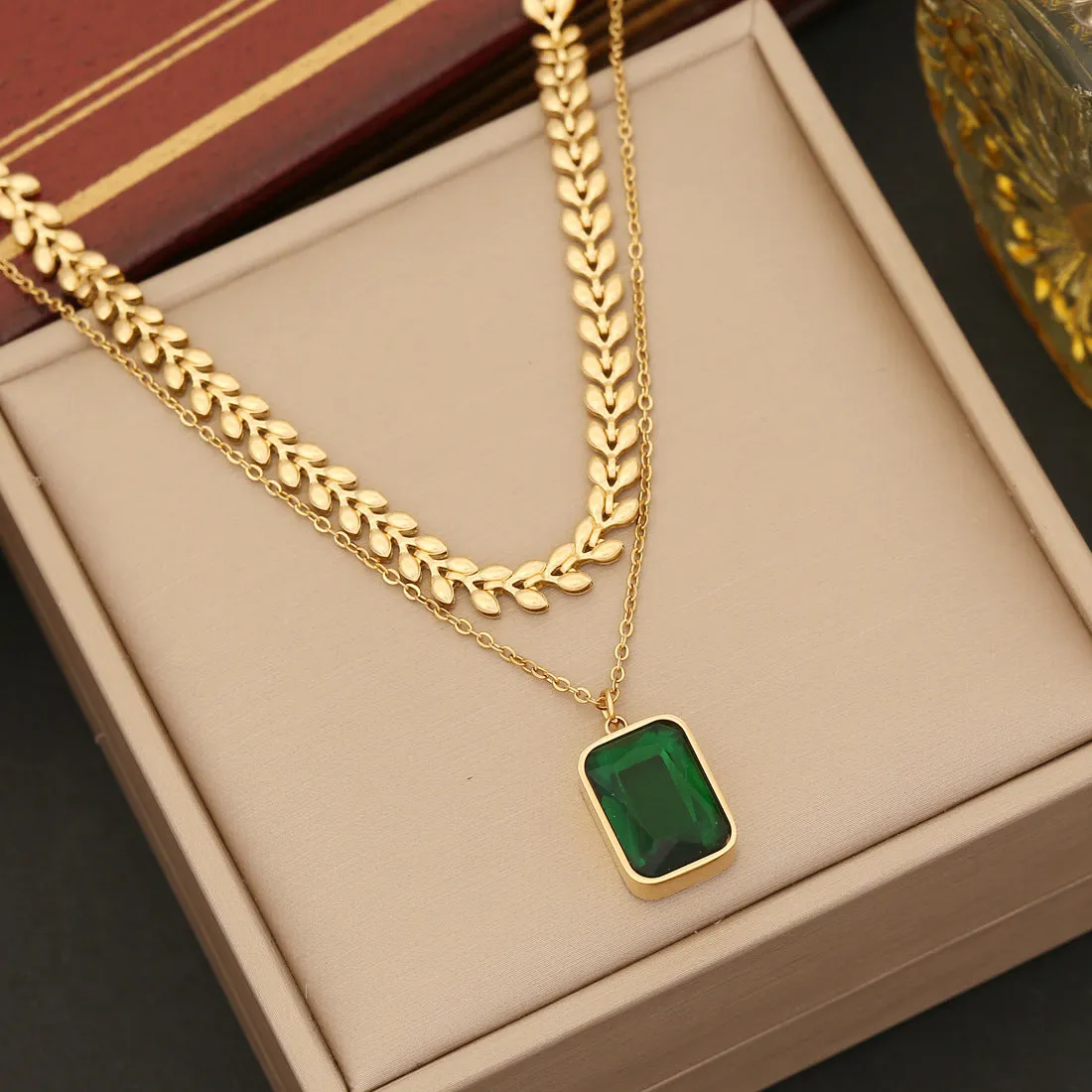 Square Emerald Pendant Double-layer Chain