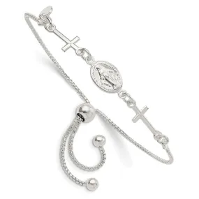 Sterling Silver Miraculous and Crosses Adjustable Bolo Bracelet