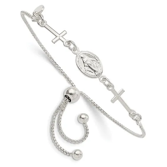 Sterling Silver Miraculous and Crosses Adjustable Bolo Bracelet
