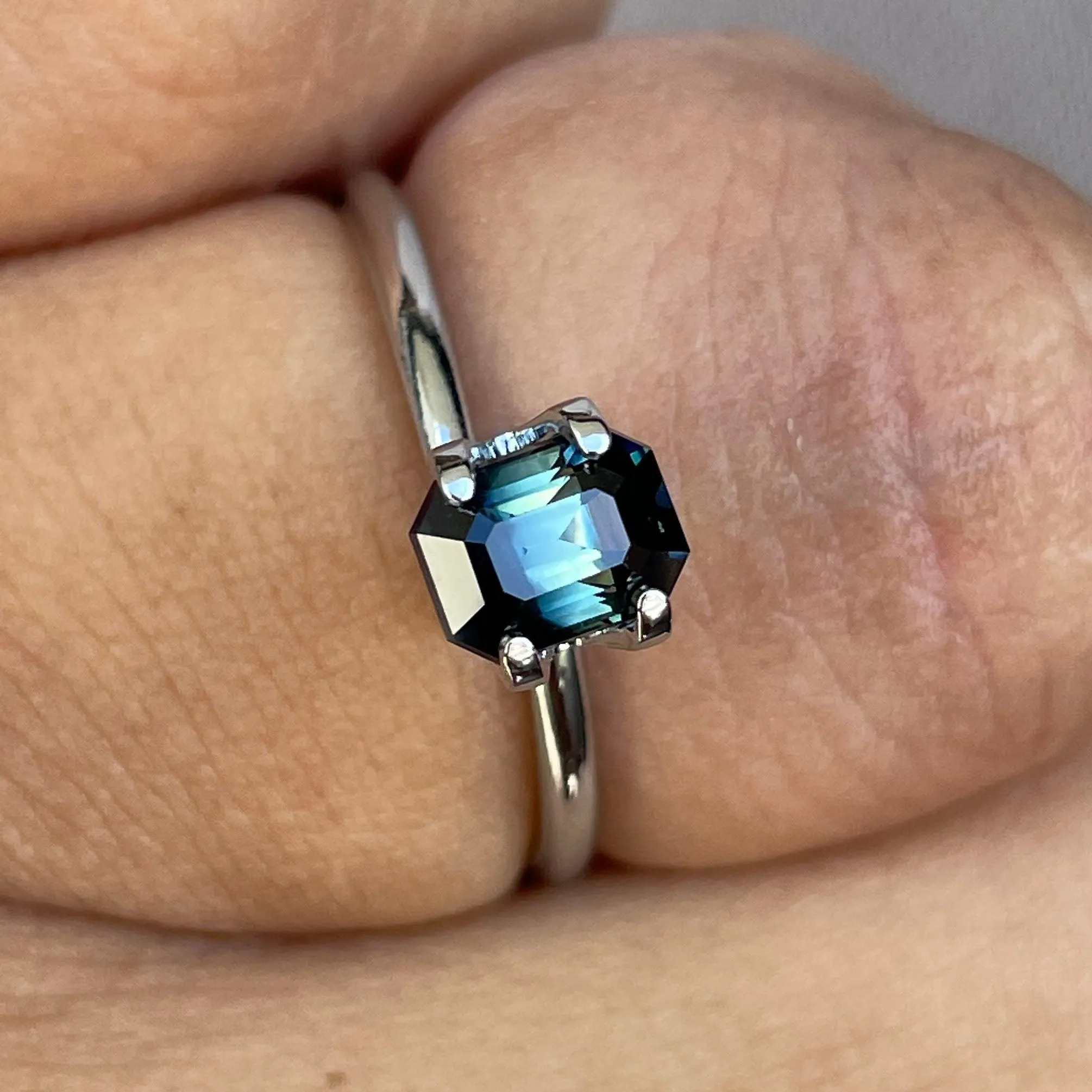 This 1.20 crt Teal Sapphire is well cut to bring out the best colour and lustre, and has a perfect colour blend