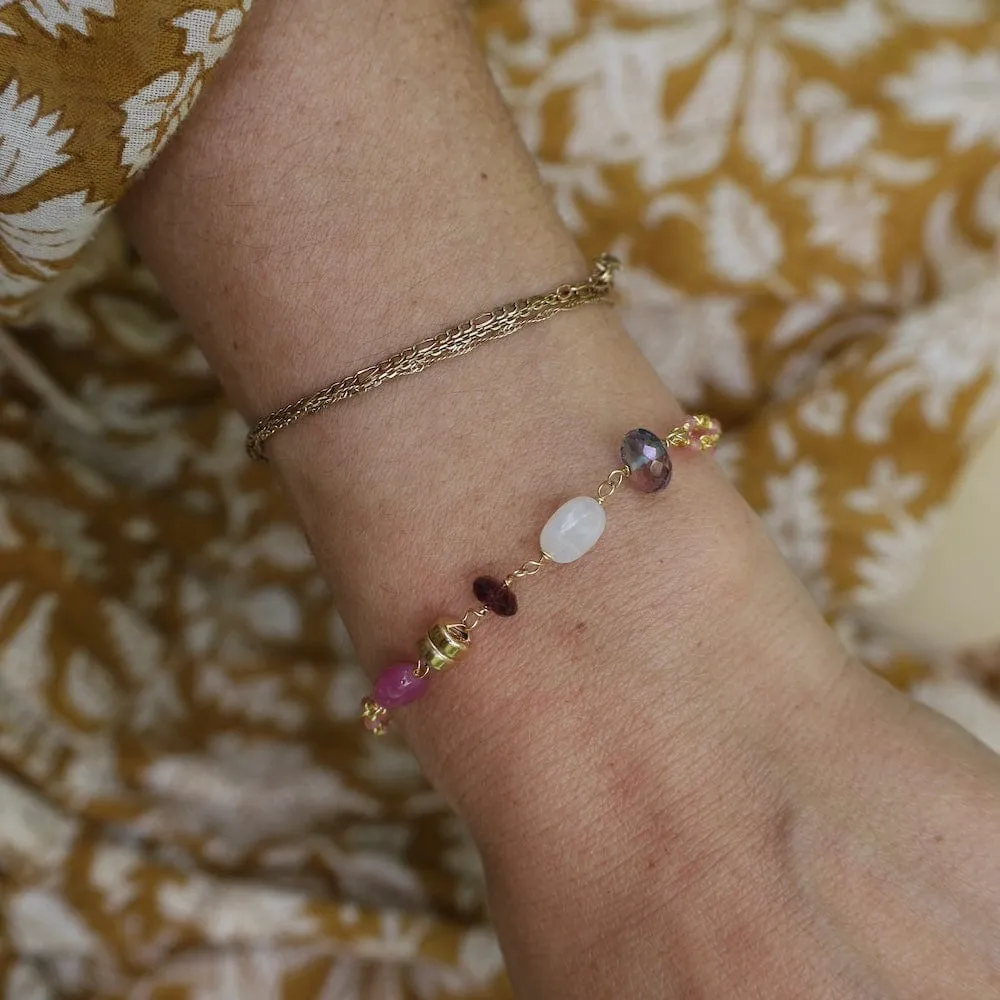Three Strand Hand Tied Pink Quartz Bead Chain Magnetic Bracelet