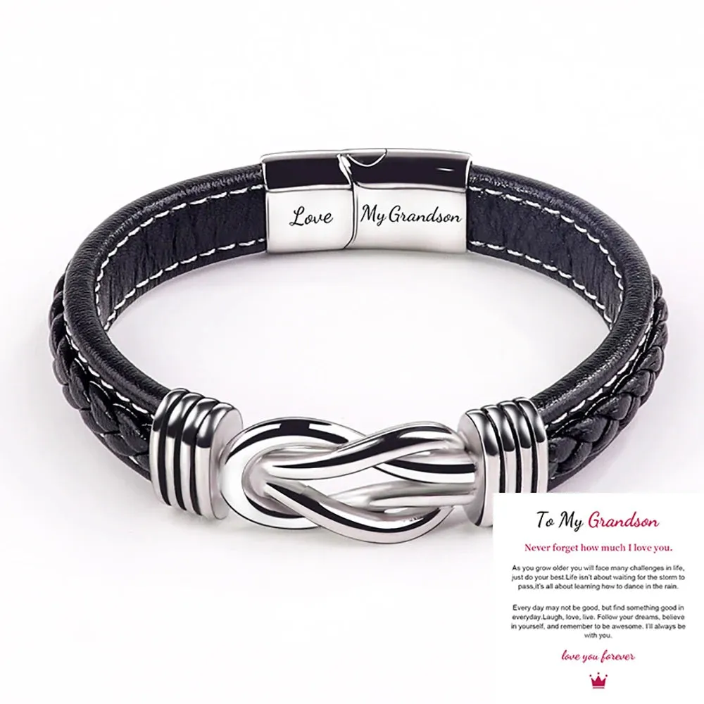 To My Son To My Grandson Bracelet Love You Forever Braided Leather Knot Bracelet Stainless Steel Magnetic Clasp Jewelry Gift