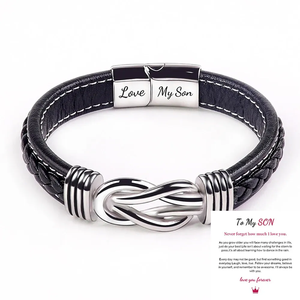 To My Son To My Grandson Bracelet Love You Forever Braided Leather Knot Bracelet Stainless Steel Magnetic Clasp Jewelry Gift