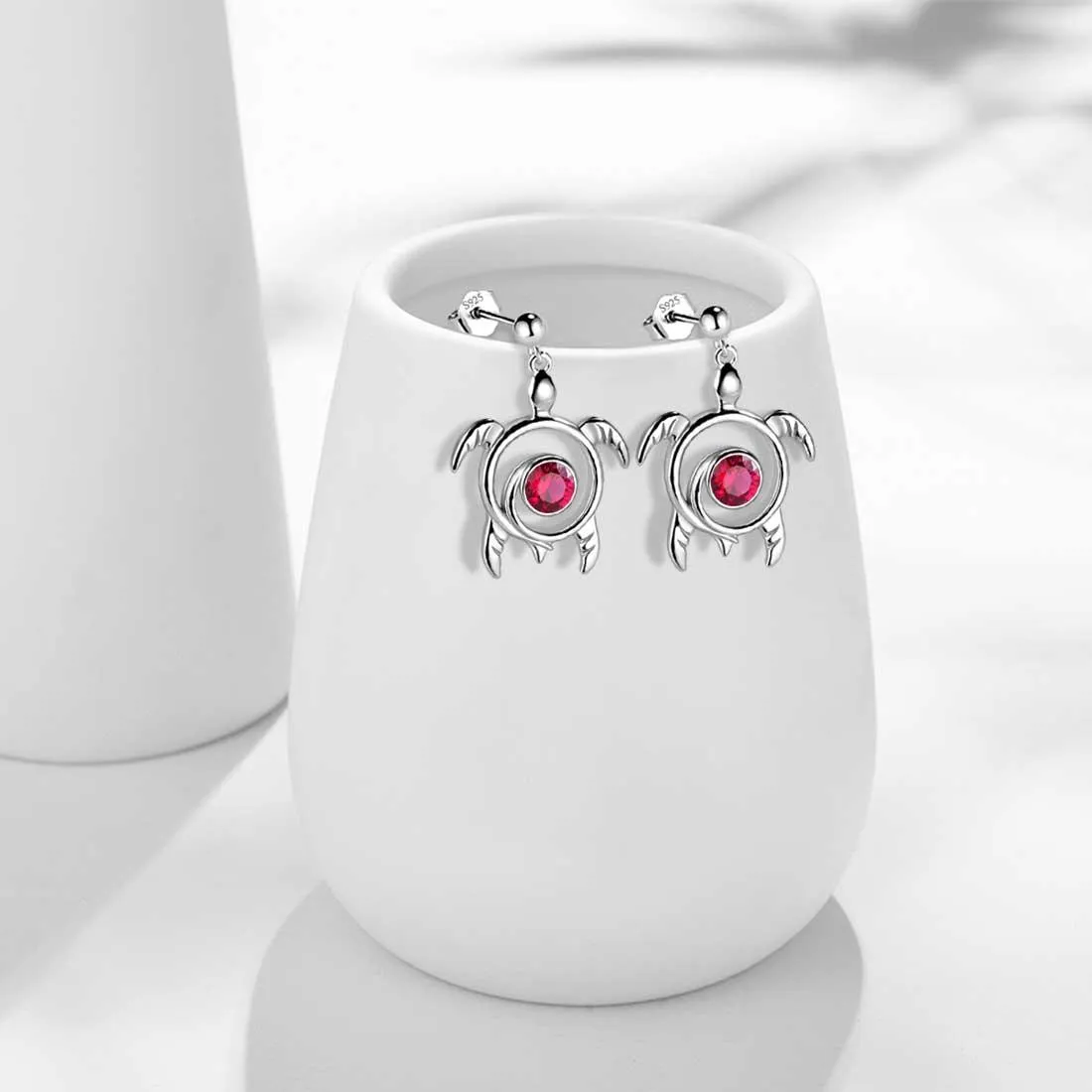 Turtle Birthstone July Ruby Earrings Dangle Women Girls Jewelry Birthday Gift Sterling Silver