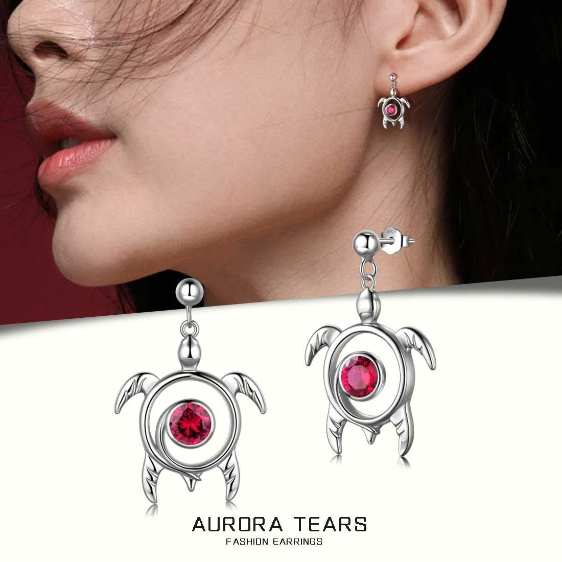 Turtle Birthstone July Ruby Earrings Dangle Women Girls Jewelry Birthday Gift Sterling Silver