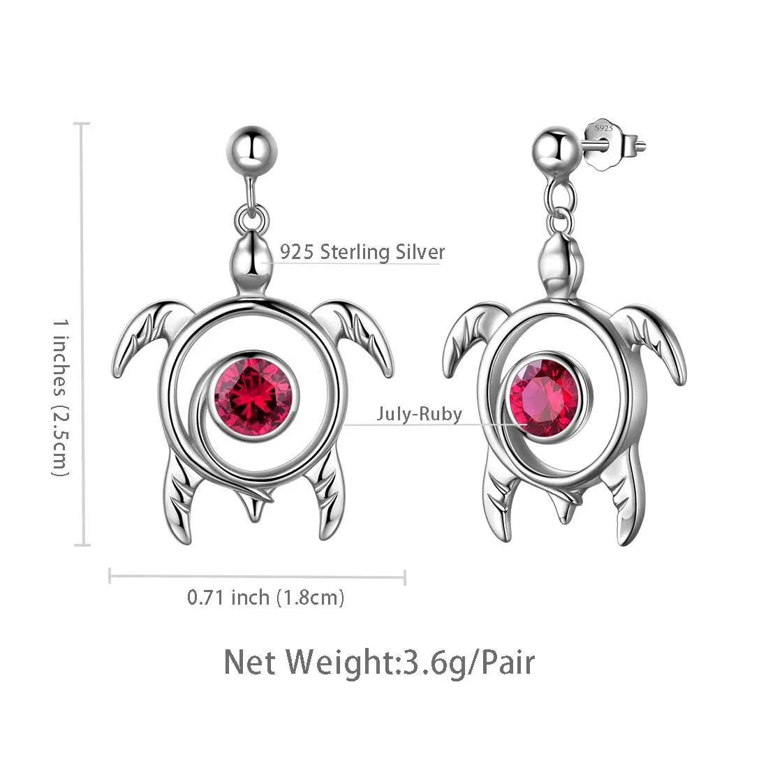 Turtle Birthstone July Ruby Earrings Dangle Women Girls Jewelry Birthday Gift Sterling Silver