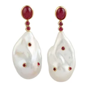 Uneven Pearl Chiness Oval Cut Ruby Gemstone Dangle Earrings Handmade In 18k Gold