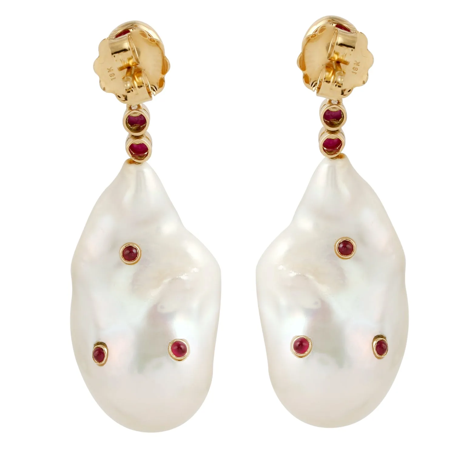 Uneven Pearl Chiness Oval Cut Ruby Gemstone Dangle Earrings Handmade In 18k Gold