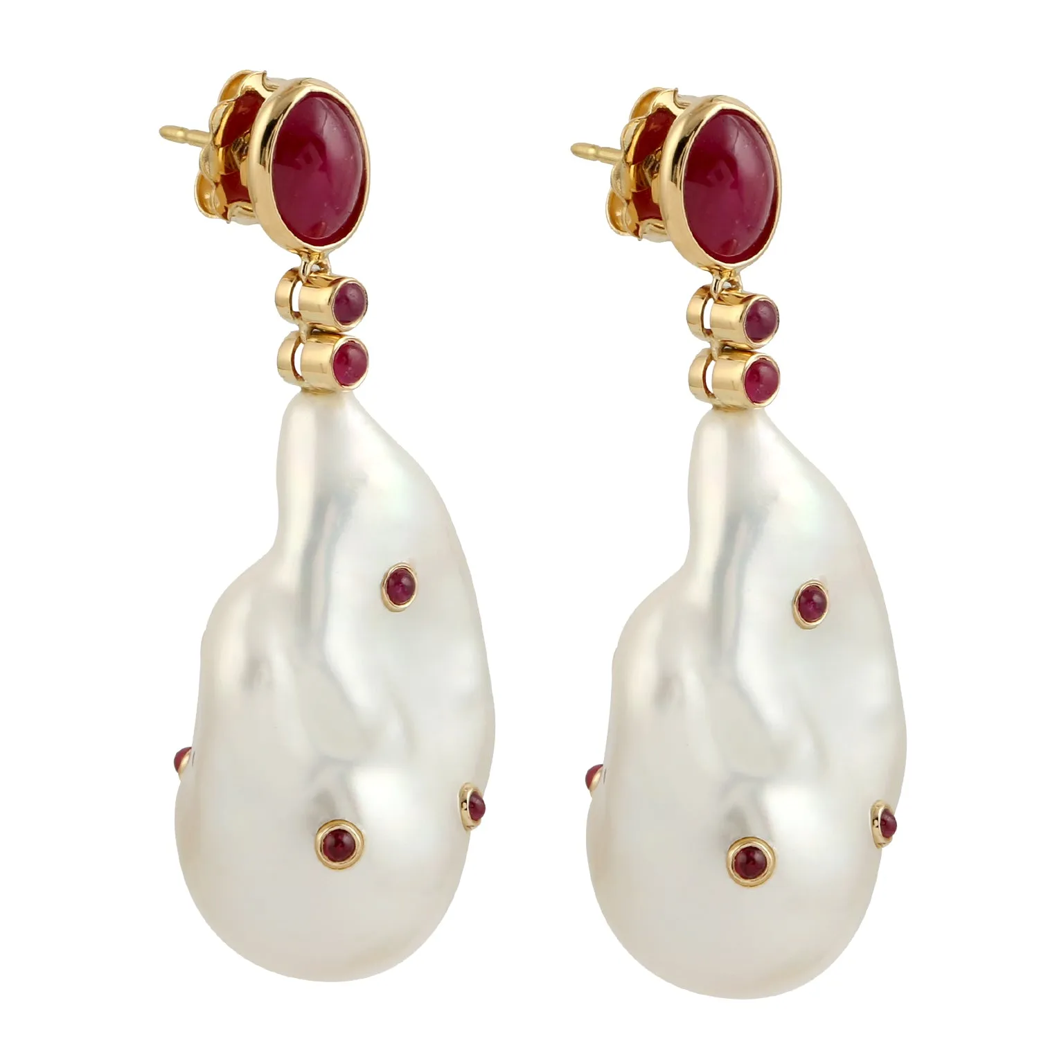 Uneven Pearl Chiness Oval Cut Ruby Gemstone Dangle Earrings Handmade In 18k Gold