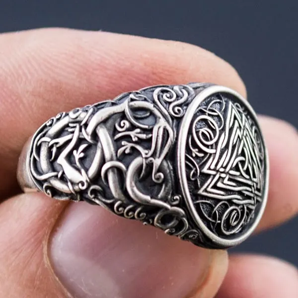 Valknut and Serpent Ring - Sterling Silver